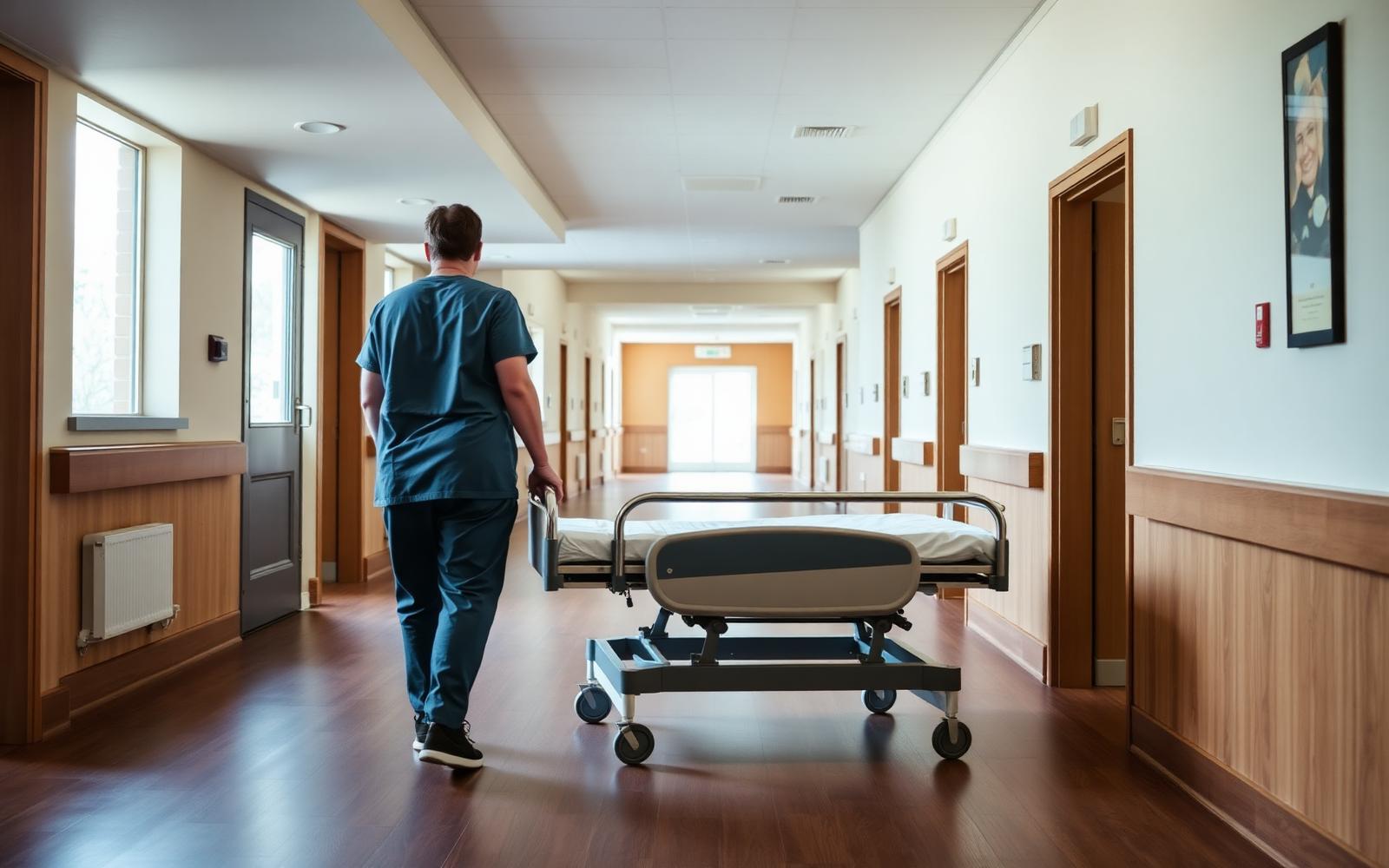 Pflegekraft mit Pflegebett auf dem Flur eines Altenheims – LAK Leasing finanziert Ausstattung für Pflege und Klinik